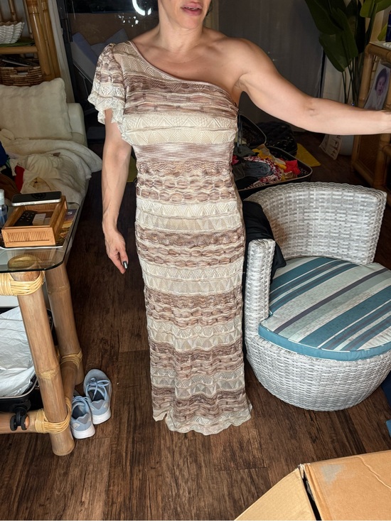 bebe Dresses & Skirts - bebe One-Shoulder Knit Maxi Dress in Beige and Brown Stripes